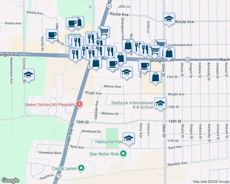 map of restaurants, bars, coffee shops, grocery stores, and more near 5226 Wright Avenue in Racine