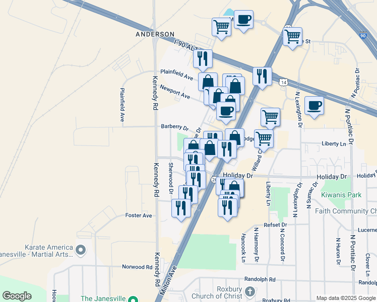 map of restaurants, bars, coffee shops, grocery stores, and more near 2719 Woodlane Drive in Janesville