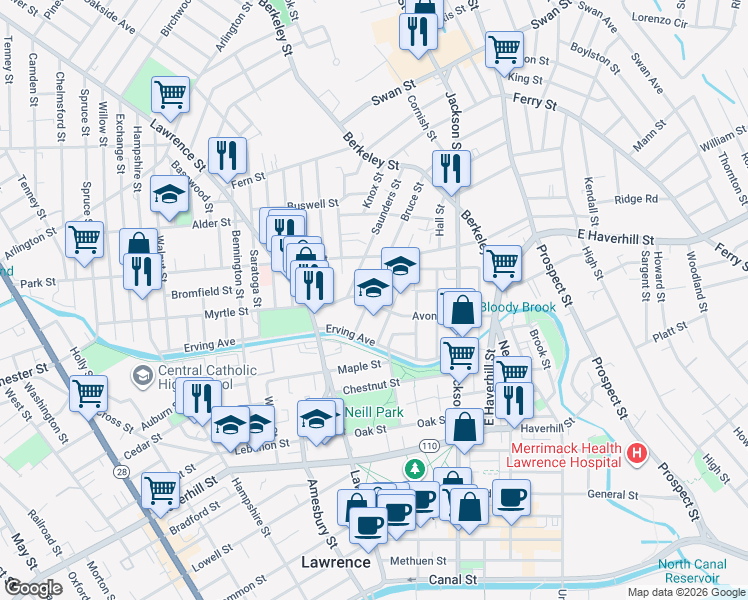 map of restaurants, bars, coffee shops, grocery stores, and more near 67 Avon Street in Lawrence