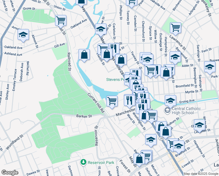 map of restaurants, bars, coffee shops, grocery stores, and more near 576 Broadway in Lawrence