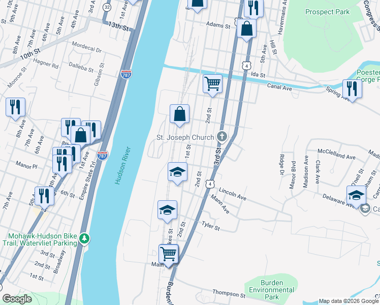 map of restaurants, bars, coffee shops, grocery stores, and more near 391 1st Street in Troy