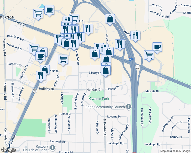 map of restaurants, bars, coffee shops, grocery stores, and more near 2860 Liberty Lane in Janesville