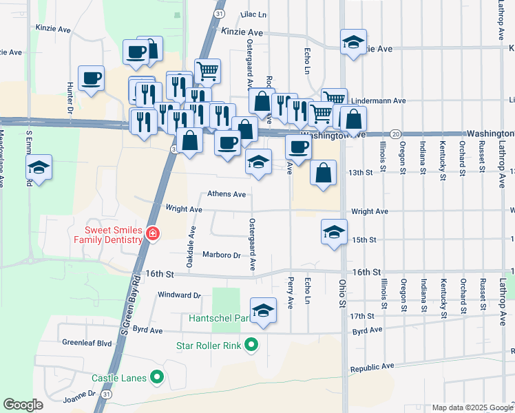 map of restaurants, bars, coffee shops, grocery stores, and more near 5114 Wright Avenue in Racine