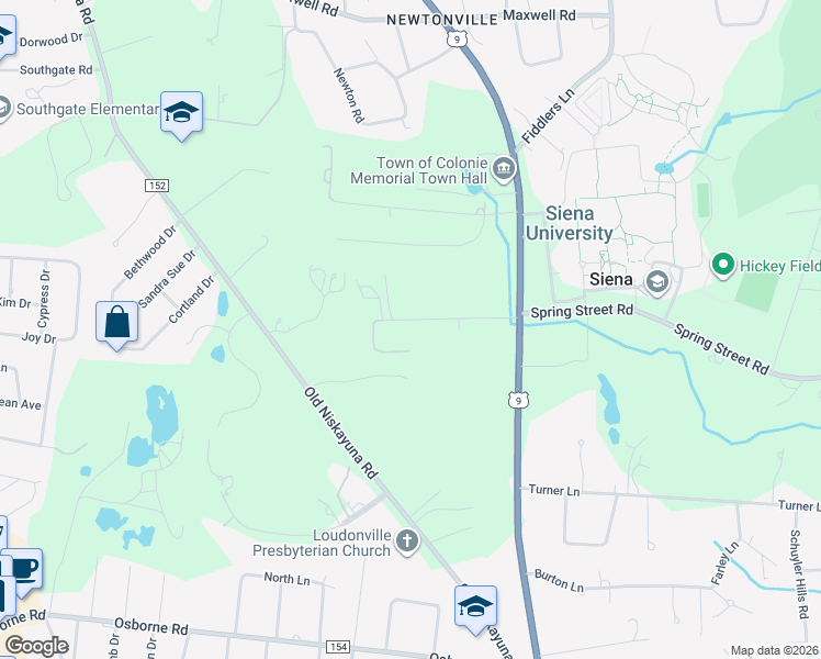 map of restaurants, bars, coffee shops, grocery stores, and more near 14 Springwood Manor Drive in Albany