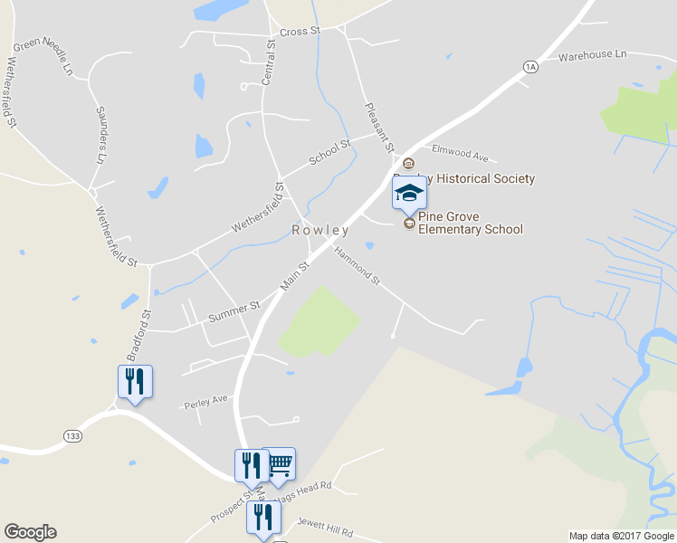 map of restaurants, bars, coffee shops, grocery stores, and more near 11 Hammond Street in Rowley