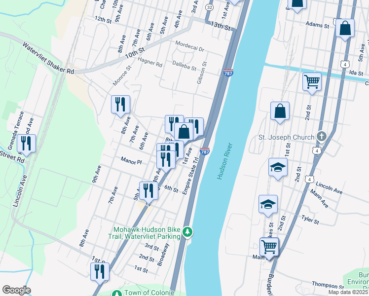 map of restaurants, bars, coffee shops, grocery stores, and more near 736 3rd Avenue in Watervliet
