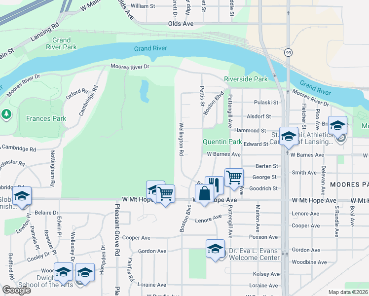 map of restaurants, bars, coffee shops, grocery stores, and more near 1723 Windsor Place in Lansing
