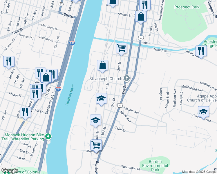 map of restaurants, bars, coffee shops, grocery stores, and more near 391 1st Street in Troy