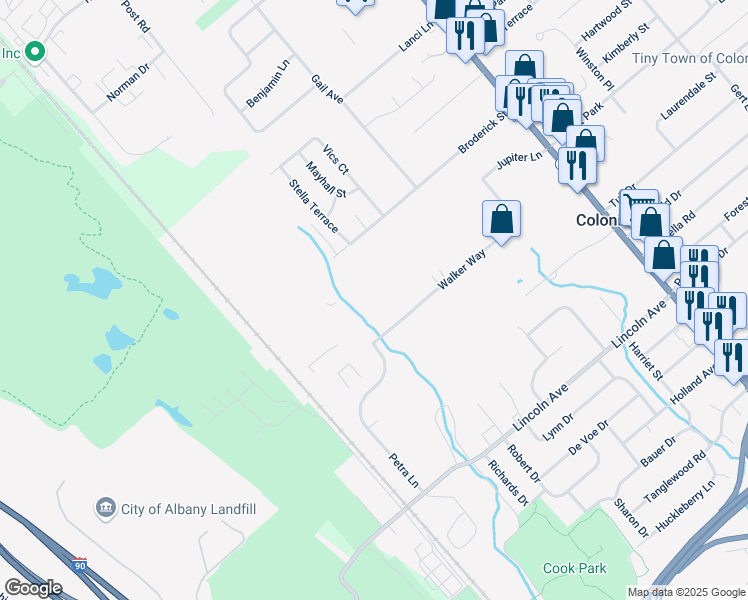 map of restaurants, bars, coffee shops, grocery stores, and more near 16 Jupiter Lane in Colonie