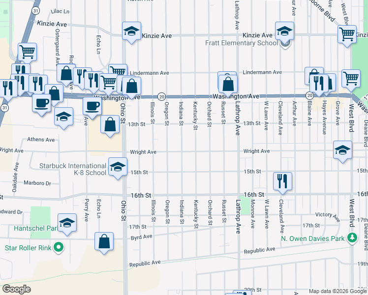 map of restaurants, bars, coffee shops, grocery stores, and more near 4224 Wright Avenue in Racine