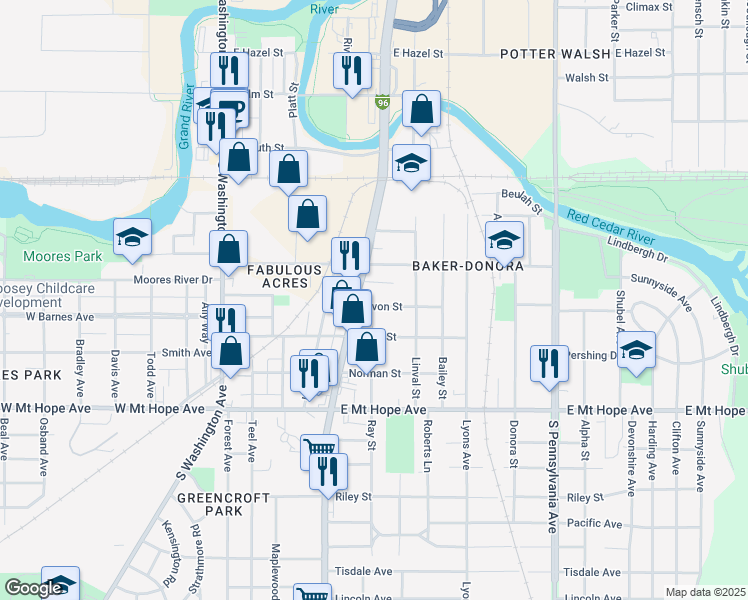 map of restaurants, bars, coffee shops, grocery stores, and more near 515 Avon Street in Lansing