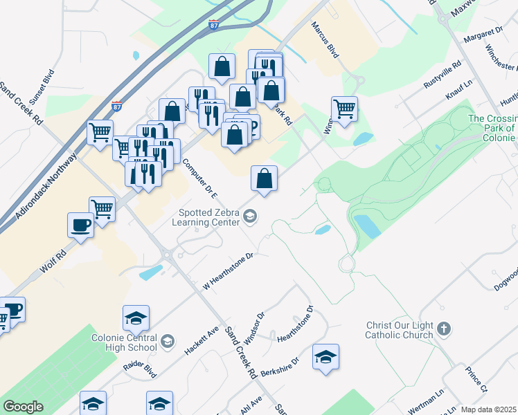 map of restaurants, bars, coffee shops, grocery stores, and more near 24 Aviation Road in Albany