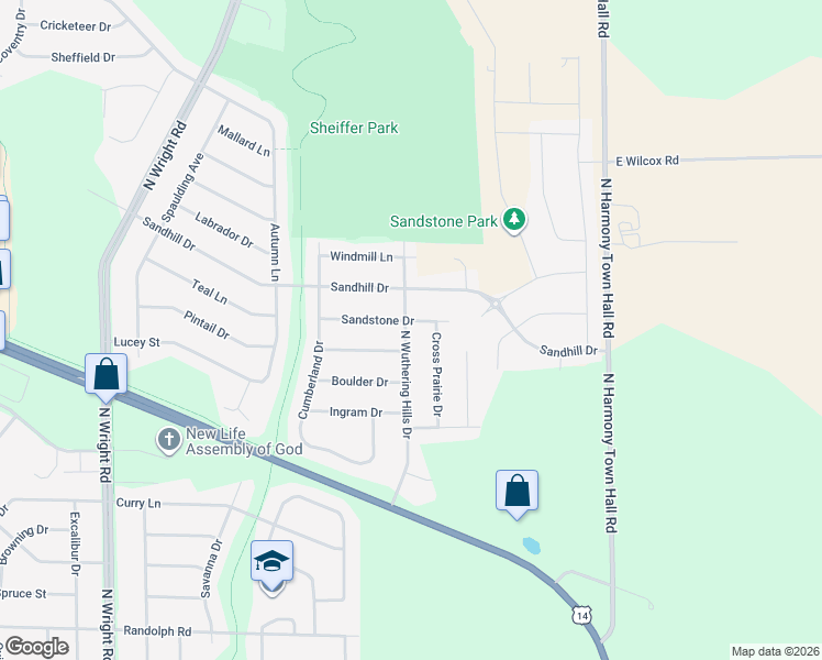 map of restaurants, bars, coffee shops, grocery stores, and more near 2716 North Wuthering Hills Drive in Janesville