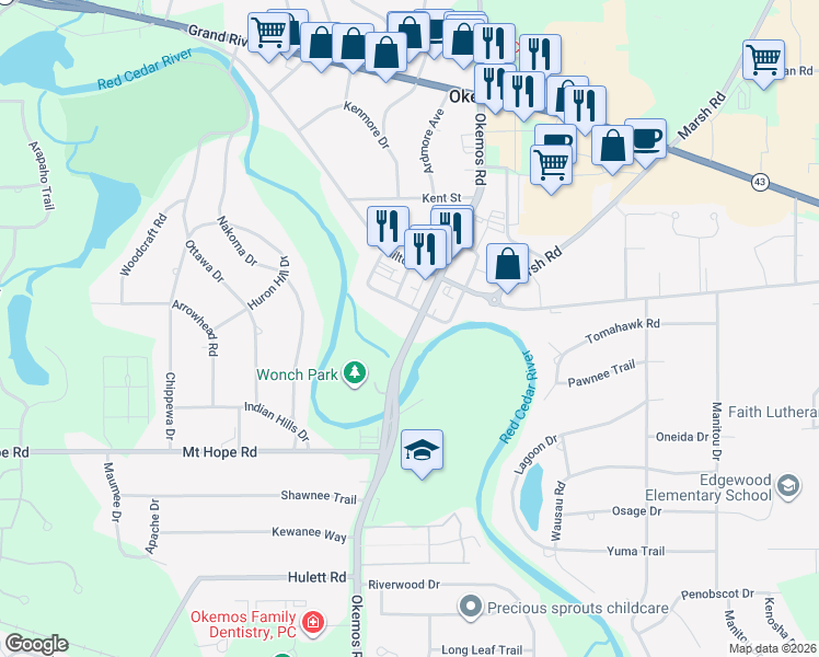 map of restaurants, bars, coffee shops, grocery stores, and more near 4619 Okemos Road in Meridian charter Township