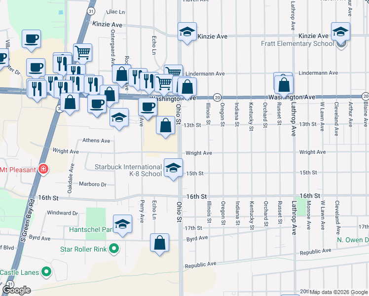 map of restaurants, bars, coffee shops, grocery stores, and more near 1351 Ohio Street in Racine