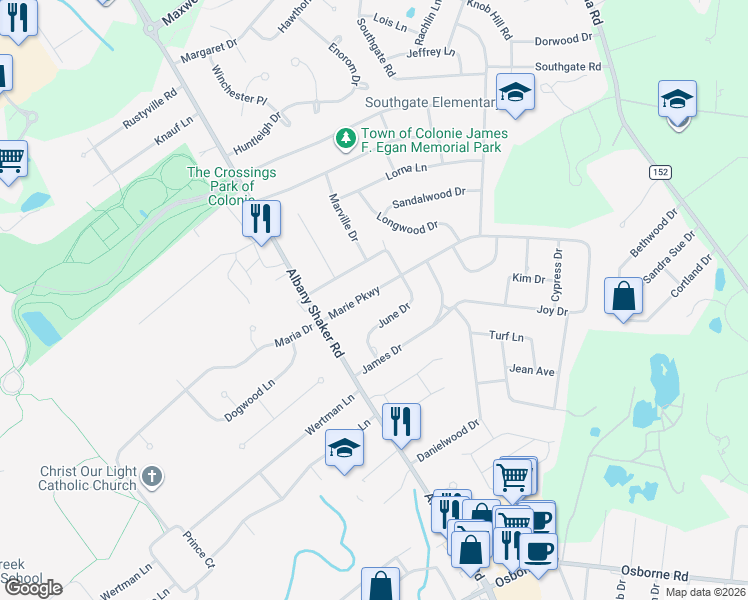 map of restaurants, bars, coffee shops, grocery stores, and more near 13 Marie Parkway in Albany