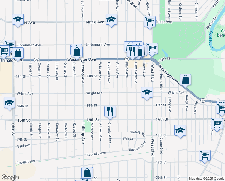 map of restaurants, bars, coffee shops, grocery stores, and more near 3516 Wright Avenue in Racine