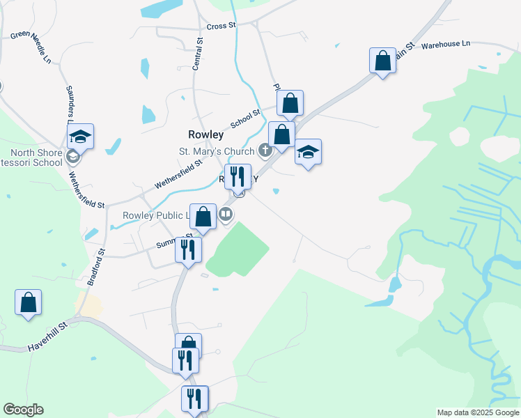 map of restaurants, bars, coffee shops, grocery stores, and more near 11 Hammond Street in Rowley
