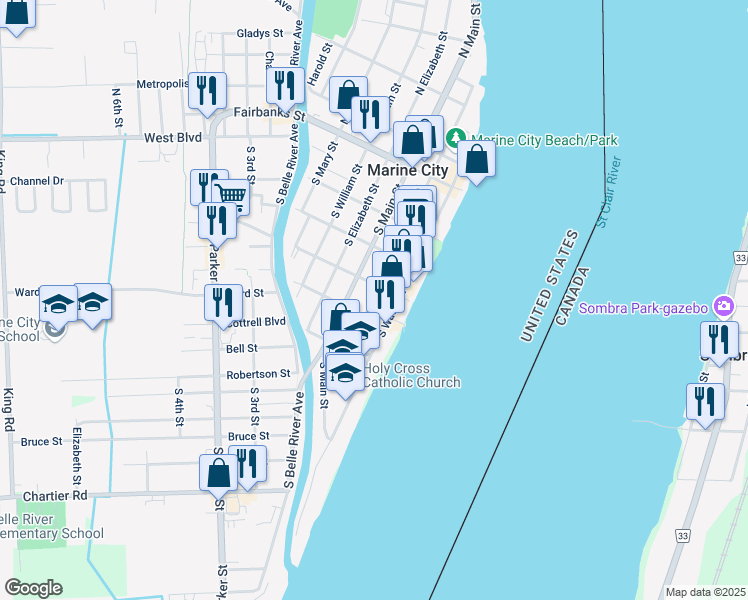 map of restaurants, bars, coffee shops, grocery stores, and more near 428 South Market Street in Marine City