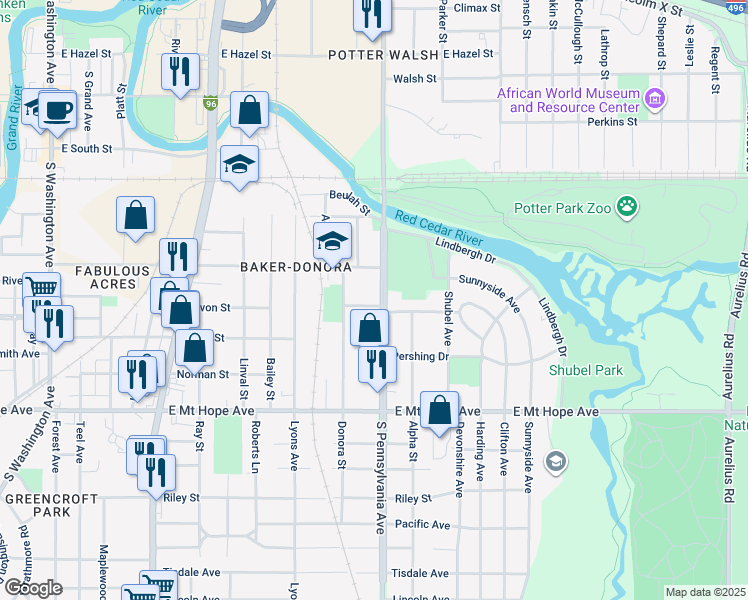 map of restaurants, bars, coffee shops, grocery stores, and more near 1528 South Pennsylvania Avenue in Lansing