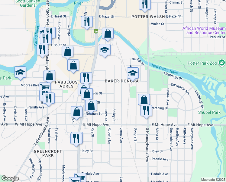 map of restaurants, bars, coffee shops, grocery stores, and more near 1530 Bailey Street in Lansing