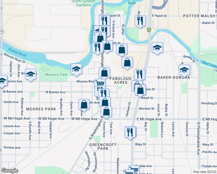 map of restaurants, bars, coffee shops, grocery stores, and more near 105 Garden Street in Lansing