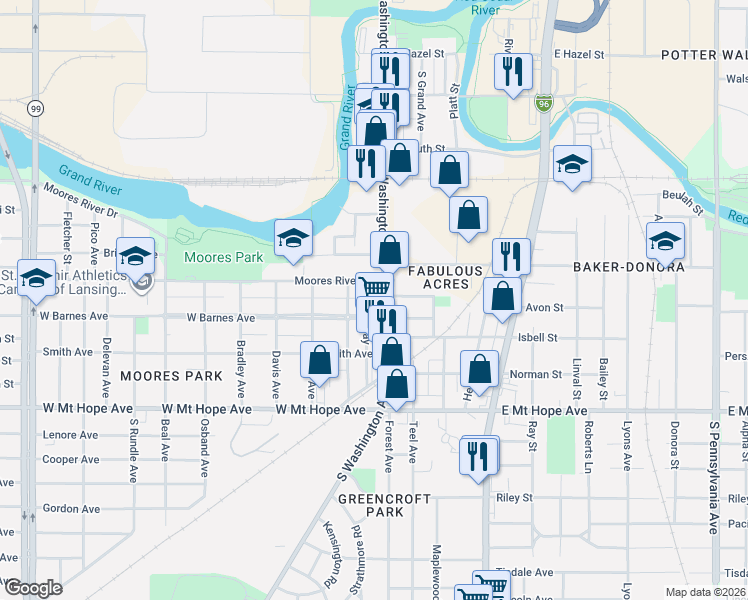 map of restaurants, bars, coffee shops, grocery stores, and more near 1617 Coleman Avenue in Lansing