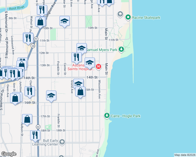 map of restaurants, bars, coffee shops, grocery stores, and more near 1401 College Avenue in Racine