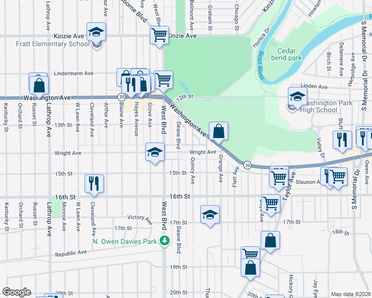 map of restaurants, bars, coffee shops, grocery stores, and more near 2916 Wright Avenue in Racine