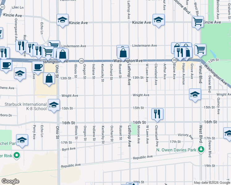 map of restaurants, bars, coffee shops, grocery stores, and more near 4014 Wright Avenue in Racine
