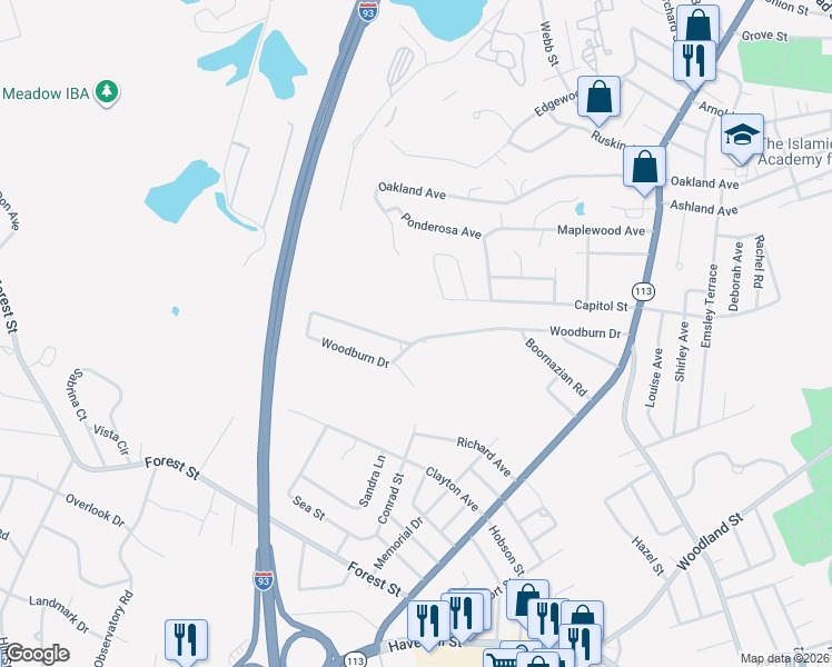 map of restaurants, bars, coffee shops, grocery stores, and more near 83 Woodburn Drive in Methuen