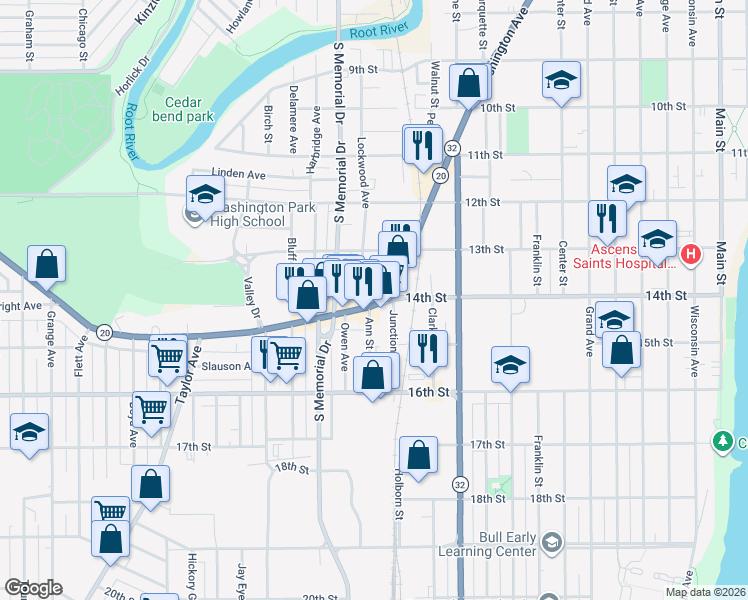 map of restaurants, bars, coffee shops, grocery stores, and more near 1418 Washington Avenue in Racine
