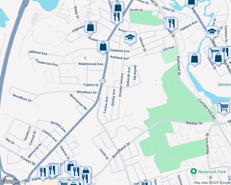 map of restaurants, bars, coffee shops, grocery stores, and more near 35 Shirley Avenue in Methuen