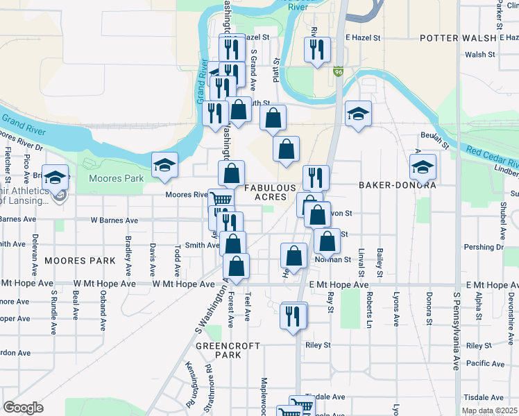 map of restaurants, bars, coffee shops, grocery stores, and more near 144 Garden Street in Lansing