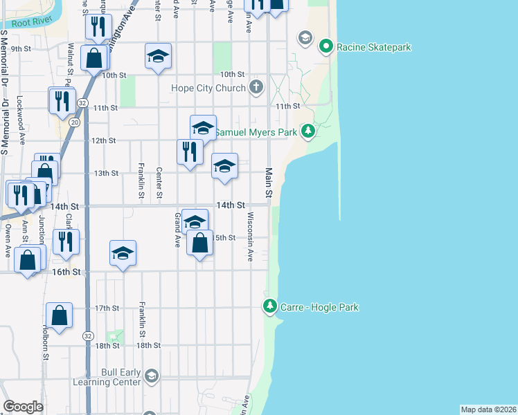 map of restaurants, bars, coffee shops, grocery stores, and more near 219 14th St in Racine