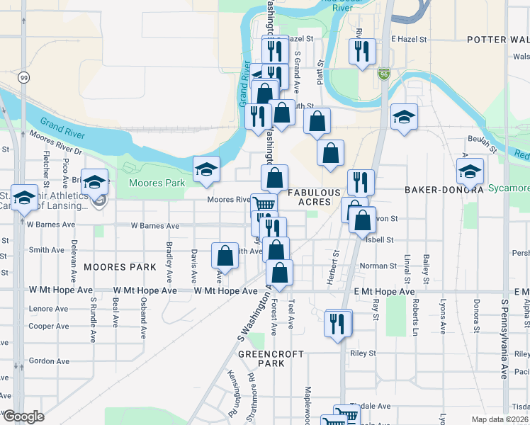 map of restaurants, bars, coffee shops, grocery stores, and more near 1614 South Washington Avenue in Lansing