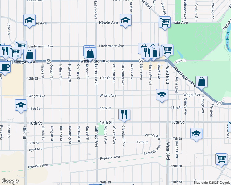 map of restaurants, bars, coffee shops, grocery stores, and more near 1355 West Lawn Avenue in Racine