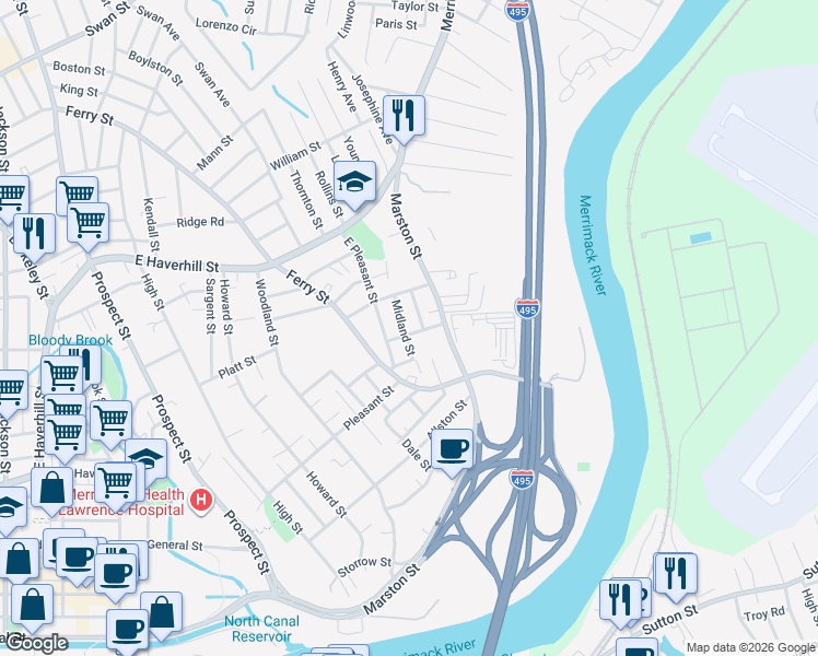map of restaurants, bars, coffee shops, grocery stores, and more near 17 Brookline Street in Lawrence