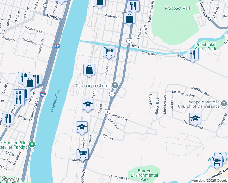 map of restaurants, bars, coffee shops, grocery stores, and more near 428 3rd Street in Troy