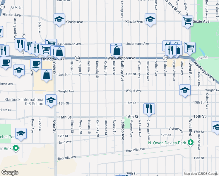 map of restaurants, bars, coffee shops, grocery stores, and more near 4014 Wright Avenue in Racine