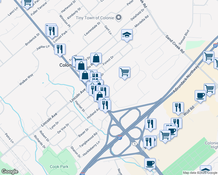 map of restaurants, bars, coffee shops, grocery stores, and more near 4 Hialeah Drive in Colonie
