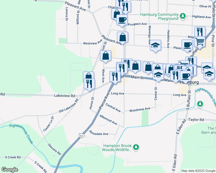 map of restaurants, bars, coffee shops, grocery stores, and more near 77 Pierce Avenue in Hamburg
