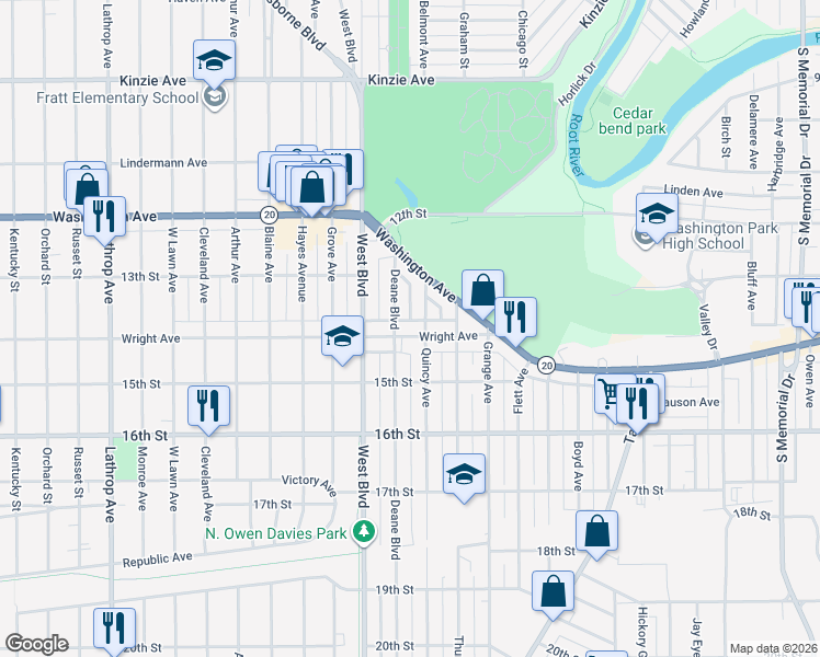 map of restaurants, bars, coffee shops, grocery stores, and more near 2916 Wright Avenue in Racine