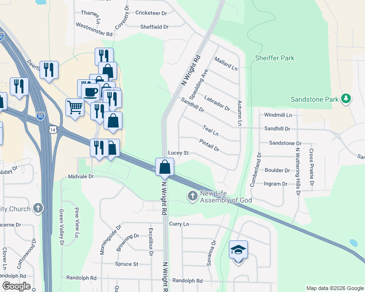 map of restaurants, bars, coffee shops, grocery stores, and more near 2708 Spaulding Avenue in Janesville