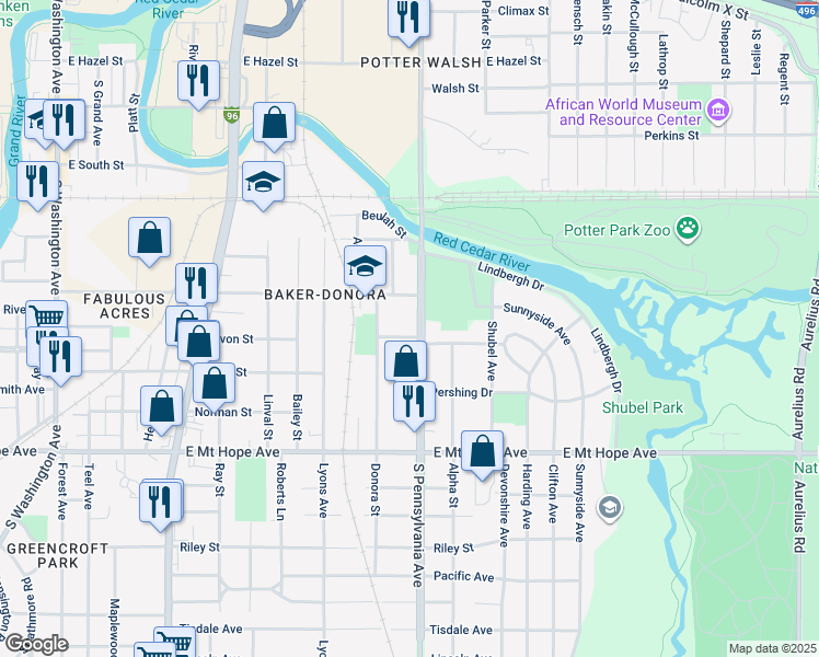 map of restaurants, bars, coffee shops, grocery stores, and more near 1528 South Pennsylvania Avenue in Lansing