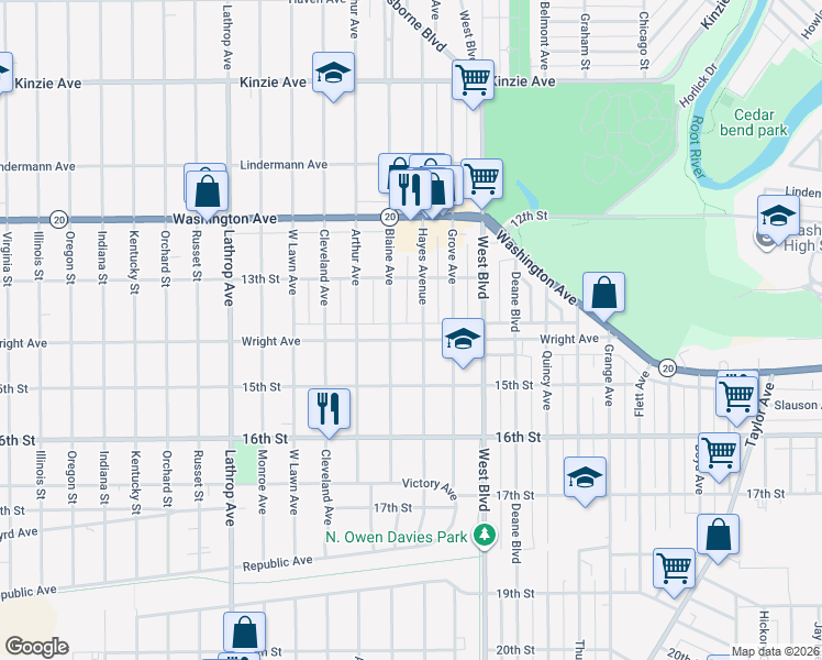 map of restaurants, bars, coffee shops, grocery stores, and more near 3310 Wright Ave in Racine
