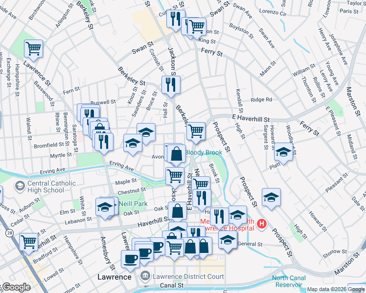 map of restaurants, bars, coffee shops, grocery stores, and more near 42 Albion Street in Lawrence