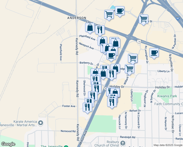 map of restaurants, bars, coffee shops, grocery stores, and more near 2721 Woodlane Drive in Janesville