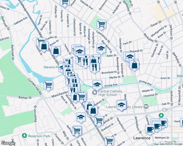 map of restaurants, bars, coffee shops, grocery stores, and more near 41 Exchange Street in Lawrence