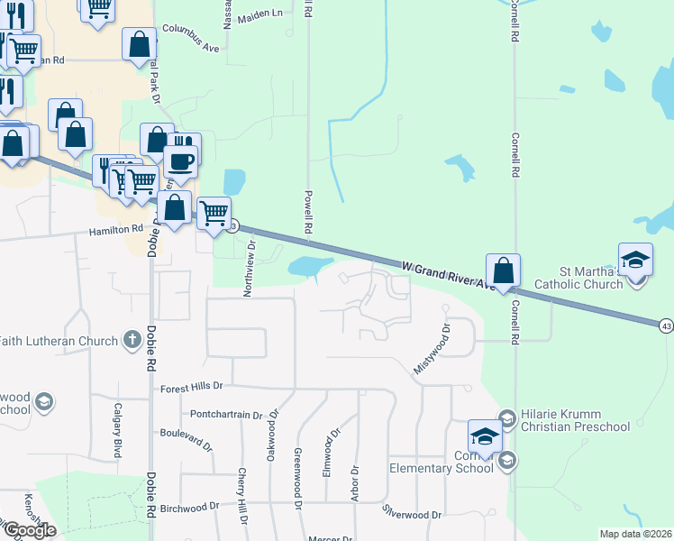 map of restaurants, bars, coffee shops, grocery stores, and more near 1445 East Pond Drive in Okemos
